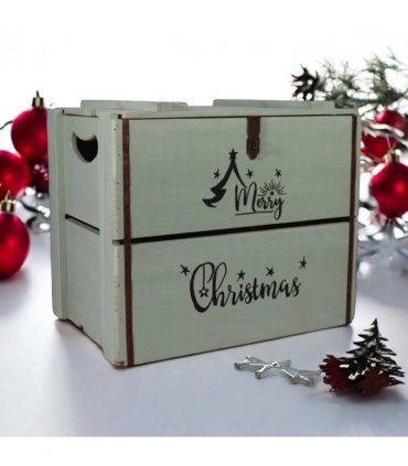 AcaciaHome Vintage and Charming Rustic Merry Xmas Storage Crate – Stackable and Durable Xmas Eve Wooden Box with Dust-Proof, Freestanding, Non-Lidded with Handle for home, garden (Vintage Green)