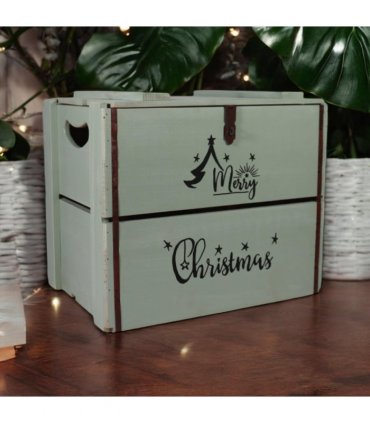 AcaciaHome Vintage and Charming Rustic Merry Xmas Storage Crate – Stackable and Durable Xmas Eve Wooden Box with Dust-Proof, Freestanding, Non-Lidded with Handle for home, garden (Vintage Green)