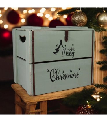 AcaciaHome Vintage and Charming Rustic Merry Xmas Storage Crate – Stackable and Durable Xmas Eve Wooden Box with Dust-Proof, Freestanding, Non-Lidded with Handle for home, garden (Vintage Green)