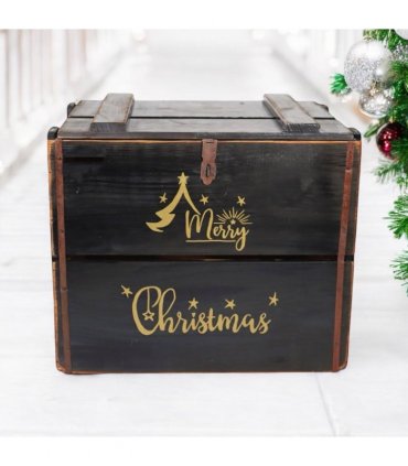 AcaciaHome Vintage and Charming Rustic Merry Xmas Storage Crate – Stackable and Durable Xmas Eve Wooden Box with Dust-Proof, Freestanding, Non-Lidded with Handle for home, garden (Vintage Black)