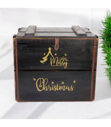 AcaciaHome Vintage and Charming Rustic Merry Xmas Storage Crate – Stackable and Durable Xmas Eve Wooden Box with Dust-Proof, Freestanding, Non-Lidded with Handle for home, garden (Vintage Black)