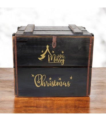 AcaciaHome Vintage and Charming Rustic Merry Xmas Storage Crate – Stackable and Durable Xmas Eve Wooden Box with Dust-Proof, Freestanding, Non-Lidded with Handle for home, garden (Vintage Black)