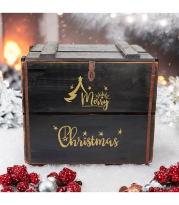 AcaciaHome Vintage and Charming Rustic Merry Xmas Storage Crate – Stackable and Durable Xmas Eve Wooden Box with Dust-Proof, Freestanding, Non-Lidded with Handle for home, garden (Vintage Black)
