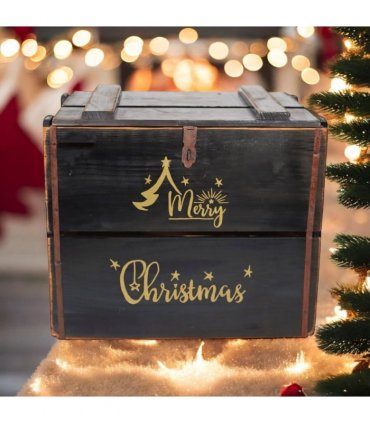 AcaciaHome Vintage and Charming Rustic Merry Xmas Storage Crate – Stackable and Durable Xmas Eve Wooden Box with Dust-Proof, Freestanding, Non-Lidded with Handle for home, garden (Vintage Black)