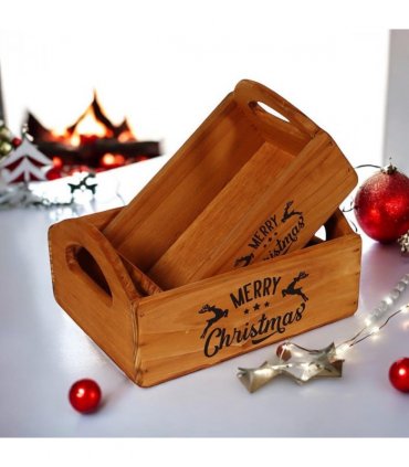Durable & Stackable Vintage Brown Merry Xmas Storage Crate with Compartments Set of 2 – Stylish Display Containers for Home Organization, Garden-Themed, and Home Decor (Merry Christmas Art)