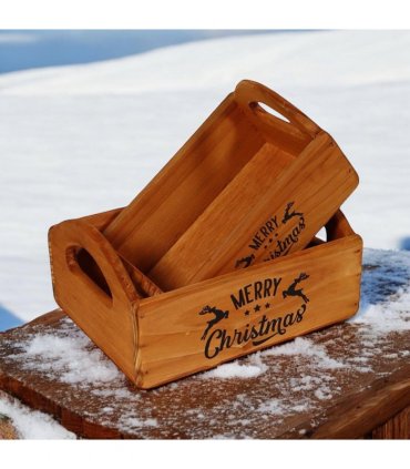 Durable & Stackable Vintage Brown Merry Xmas Storage Crate with Compartments Set of 2 – Stylish Display Containers for Home Organization, Garden-Themed, and Home Decor (Merry Christmas Art)