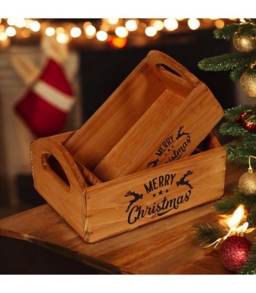 Durable & Stackable Vintage Brown Merry Xmas Storage Crate with Compartments Set of 2 – Stylish Display Containers for Home Organization, Garden-Themed, and Home Decor (Merry Christmas Art)