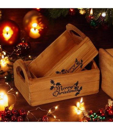 Durable & Stackable Vintage Brown Merry Xmas Storage Crate with Compartments Set of 2 – Stylish Display Containers for Home Organization, Garden-Themed, and Home Decor (Merry Christmas Design)