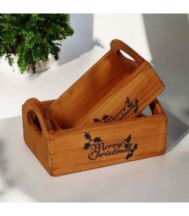 Durable & Stackable Vintage Brown Merry Xmas Storage Crate with Compartments Set of 2 – Stylish Display Containers for Home Organization, Garden-Themed, and Home Decor (Merry Christmas Design)