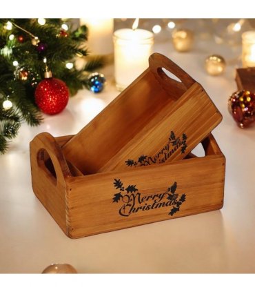 Durable & Stackable Vintage Brown Merry Xmas Storage Crate with Compartments Set of 2 – Stylish Display Containers for Home Organization, Garden-Themed, and Home Decor (Merry Christmas Design)