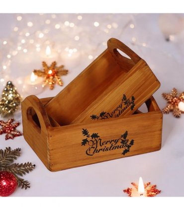 Durable & Stackable Vintage Brown Merry Xmas Storage Crate with Compartments Set of 2 – Stylish Display Containers for Home Organization, Garden-Themed, and Home Decor (Merry Christmas Design)