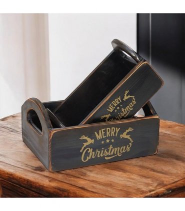 Durable & Stackable Vintage Black Merry Xmas Storage Crate with Compartments Set of 2 – Stylish Display Containers for Home Organization, Garden-Themed, and Home Decor (Merry Christmas Art)
