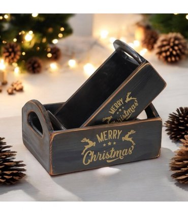 Durable & Stackable Vintage Black Merry Xmas Storage Crate with Compartments Set of 2 – Stylish Display Containers for Home Organization, Garden-Themed, and Home Decor (Merry Christmas Art)