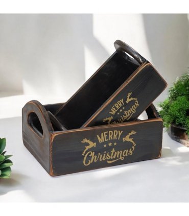 Durable & Stackable Vintage Black Merry Xmas Storage Crate with Compartments Set of 2 – Stylish Display Containers for Home Organization, Garden-Themed, and Home Decor (Merry Christmas Art)