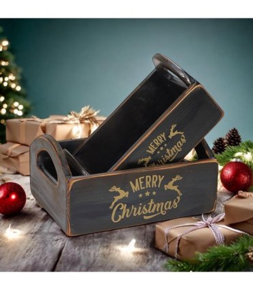 Durable & Stackable Vintage Black Merry Xmas Storage Crate with Compartments Set of 2 – Stylish Display Containers for Home Organization, Garden-Themed, and Home Decor (Merry Christmas Art)