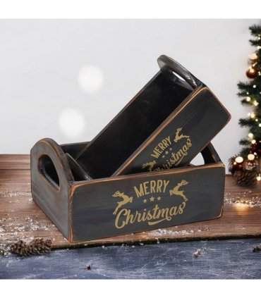 Durable & Stackable Vintage Black Merry Xmas Storage Crate with Compartments Set of 2 – Stylish Display Containers for Home Organization, Garden-Themed, and Home Decor (Merry Christmas Art)