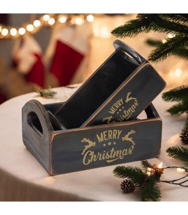 Durable & Stackable Vintage Black Merry Xmas Storage Crate with Compartments Set of 2 – Stylish Display Containers for Home Organization, Garden-Themed, and Home Decor (Merry Christmas Art)