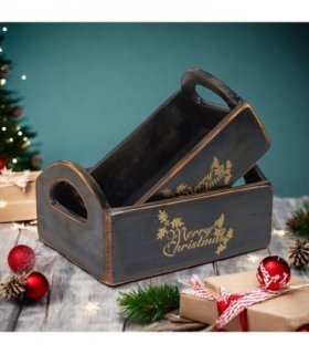 Durable & Stackable Vintage Black Merry Xmas Storage Crate with Compartments Set of 2 – Stylish Display Containers for Home Organization, Garden-Themed, and Home Decor (Merry Christmas Design)