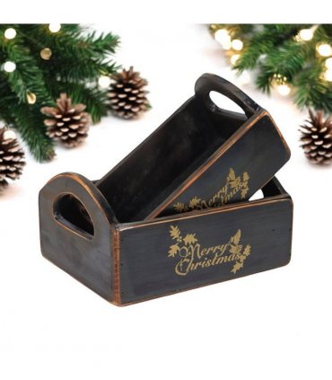 Durable & Stackable Vintage Black Merry Xmas Storage Crate with Compartments Set of 2 – Stylish Display Containers for Home Organization, Garden-Themed, and Home Decor (Merry Christmas Design)