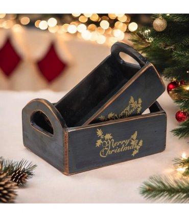 Durable & Stackable Vintage Black Merry Xmas Storage Crate with Compartments Set of 2 – Stylish Display Containers for Home Organization, Garden-Themed, and Home Decor (Merry Christmas Design)