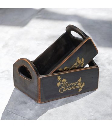 Durable & Stackable Vintage Black Merry Xmas Storage Crate with Compartments Set of 2 – Stylish Display Containers for Home Organization, Garden-Themed, and Home Decor (Merry Christmas Design)