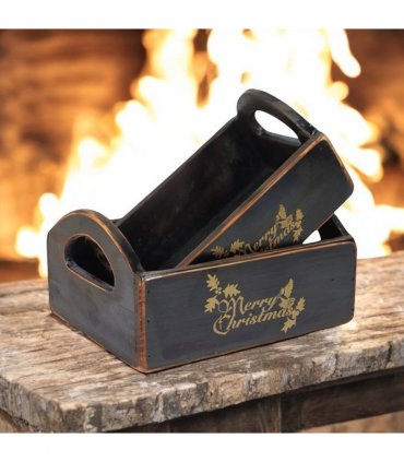 Durable & Stackable Vintage Black Merry Xmas Storage Crate with Compartments Set of 2 – Stylish Display Containers for Home Organization, Garden-Themed, and Home Decor (Merry Christmas Design)