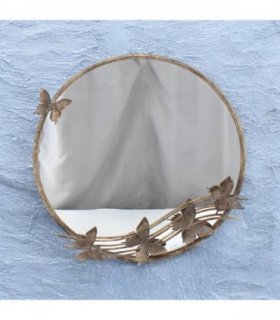 Elegant Shabby Chic Ornate Butterfly Wall Mirror – Rustic Gold Metal & Glass Frame, Art Deco Style Home Accent, Eye-Catching Decorative Mirror for Bedroom or Living Room (63cm Round)