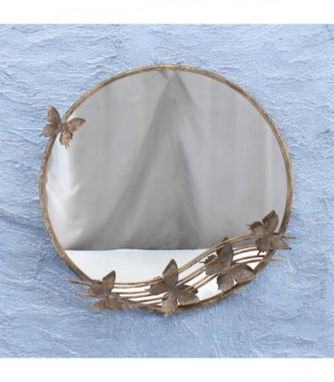 Elegant Shabby Chic Ornate Butterfly Wall Mirror – Rustic Gold Metal & Glass Frame, Art Deco Style Home Accent, Eye-Catching Decorative Mirror for Bedroom or Living Room (63cm Round)