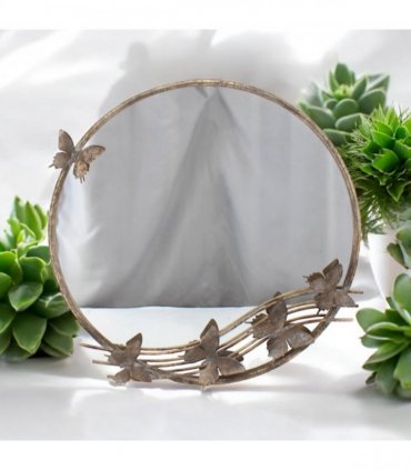 Elegant Shabby Chic Ornate Butterfly Wall Mirror – Rustic Gold Metal & Glass Frame, Art Deco Style Home Accent, Eye-Catching Decorative Mirror for Bedroom or Living Room (63cm Round)