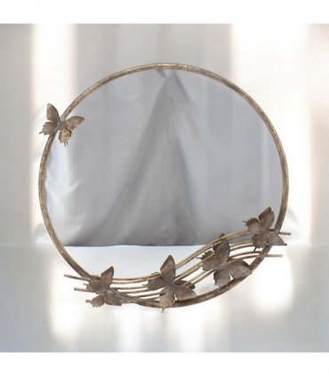 Elegant Shabby Chic Ornate Butterfly Wall Mirror – Rustic Gold Metal & Glass Frame, Art Deco Style Home Accent, Eye-Catching Decorative Mirror for Bedroom or Living Room (63cm Round)