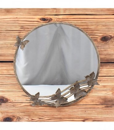 Elegant Shabby Chic Ornate Butterfly Wall Mirror – Rustic Gold Metal & Glass Frame, Art Deco Style Home Accent, Eye-Catching Decorative Mirror for Bedroom or Living Room (63cm Round)
