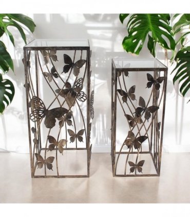 AcaciaHome Decorative & Elegant Nest of Tables Set – Gold Butterfly Design, Art Deco Metal Frame with Glass Tops, Stylish Square Side & End Tables for Home, Living Room, Bedroom & Office Décor