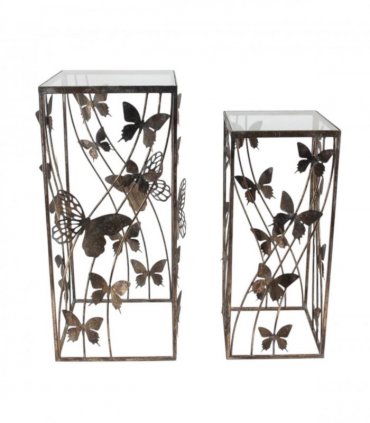 AcaciaHome Decorative & Elegant Nest of Tables Set – Gold Butterfly Design, Art Deco Metal Frame with Glass Tops, Stylish Square Side & End Tables for Home, Living Room, Bedroom & Office Décor
