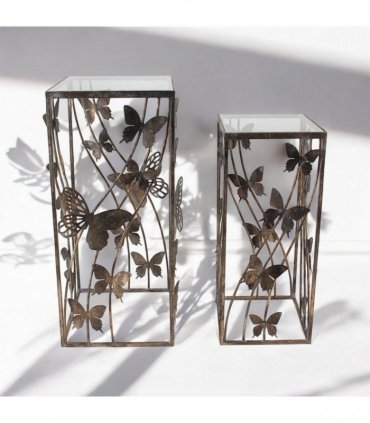 AcaciaHome Decorative & Elegant Nest of Tables Set – Gold Butterfly Design, Art Deco Metal Frame with Glass Tops, Stylish Square Side & End Tables for Home, Living Room, Bedroom & Office Décor
