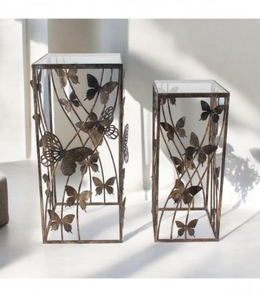 AcaciaHome Decorative & Elegant Nest of Tables Set – Gold Butterfly Design, Art Deco Metal Frame with Glass Tops, Stylish Square Side & End Tables for Home, Living Room, Bedroom & Office Décor