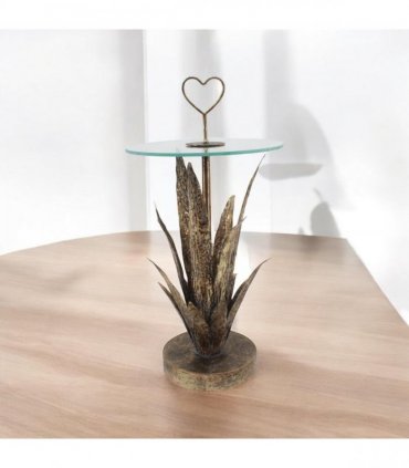 AcaciaHome Decorative Gold Leaf Metal Side Table – Round Floral Love Heart Design, Hand-Finished 79cm Tall Accent Table, Elegant Gold Painted Indoor Furniture for Home, Living Room, or Lounge