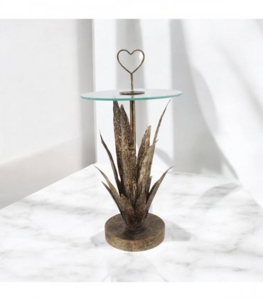 AcaciaHome Decorative Gold Leaf Metal Side Table – Round Floral Love Heart Design, Hand-Finished 79cm Tall Accent Table, Elegant Gold Painted Indoor Furniture for Home, Living Room, or Lounge