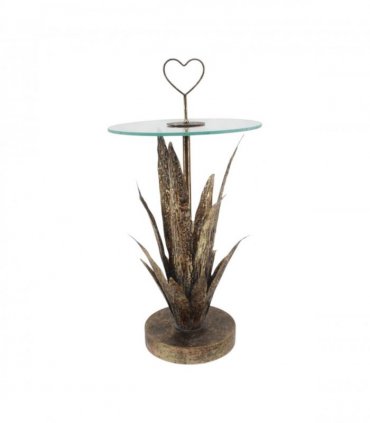 AcaciaHome Decorative Gold Leaf Metal Side Table – Round Floral Love Heart Design, Hand-Finished 79cm Tall Accent Table, Elegant Gold Painted Indoor Furniture for Home, Living Room, or Lounge