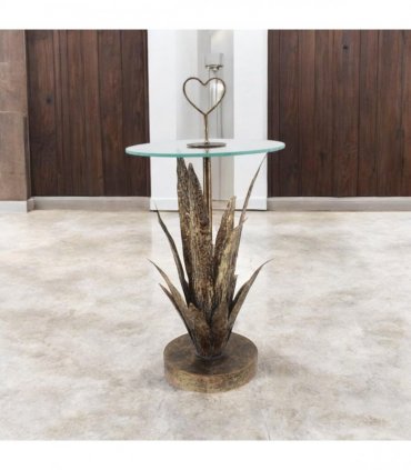 AcaciaHome Decorative Gold Leaf Metal Side Table – Round Floral Love Heart Design, Hand-Finished 79cm Tall Accent Table, Elegant Gold Painted Indoor Furniture for Home, Living Room, or Lounge