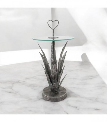 AcaciaHome Decorative & Elegant Silver Leaf Metal Side Table – Handcrafted 79cm Round Floral Art Deco End Table with Heart Pattern, Painted Silver Finish for Living Room or Bedroom Décor
