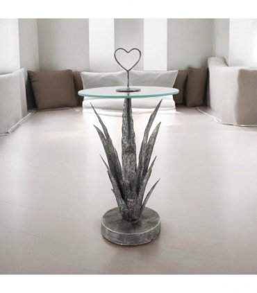 AcaciaHome Decorative & Elegant Silver Leaf Metal Side Table – Handcrafted 79cm Round Floral Art Deco End Table with Heart Pattern, Painted Silver Finish for Living Room or Bedroom Décor