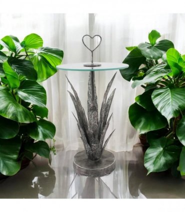 AcaciaHome Decorative & Elegant Silver Leaf Metal Side Table – Handcrafted 79cm Round Floral Art Deco End Table with Heart Pattern, Painted Silver Finish for Living Room or Bedroom Décor