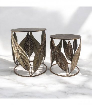 AcaciaHome Durable & Stylish Art Deco Gold Leaf Nest of Tables – Elegant Round Metal Side & End Tables, Hand-Finished Floral Design, Perfect Furniture for Home or Living Room Décor
