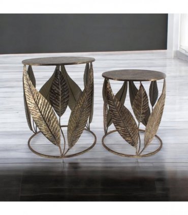 AcaciaHome Durable & Stylish Art Deco Gold Leaf Nest of Tables – Elegant Round Metal Side & End Tables, Hand-Finished Floral Design, Perfect Furniture for Home or Living Room Décor