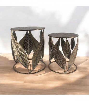 AcaciaHome Durable & Stylish Art Deco Gold Leaf Nest of Tables – Elegant Round Metal Side & End Tables, Hand-Finished Floral Design, Perfect Furniture for Home or Living Room Décor