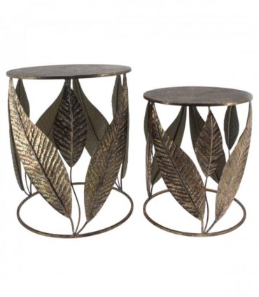 AcaciaHome Durable & Stylish Art Deco Gold Leaf Nest of Tables – Elegant Round Metal Side & End Tables, Hand-Finished Floral Design, Perfect Furniture for Home or Living Room Décor