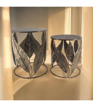 AcaciaHome Durable & Stylish Art Deco Gold Leaf Nest of Tables – Elegant Round Metal Side & End Tables, Hand-Finished Floral Design, Perfect Furniture for Home or Living Room Décor