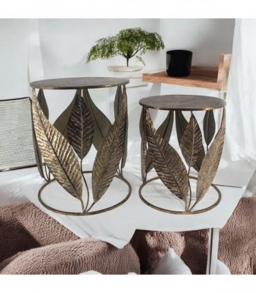 AcaciaHome Durable & Stylish Art Deco Gold Leaf Nest of Tables – Elegant Round Metal Side & End Tables, Hand-Finished Floral Design, Perfect Furniture for Home or Living Room Décor