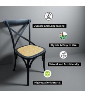 Modern & Stylish Hand Finished Cross Back Oak Wooden Cafe Chair - Exclusive Rattan Seat Comfortable Office Furniture Collections for Home, Dining, Cafe, and Office Seating (Black)