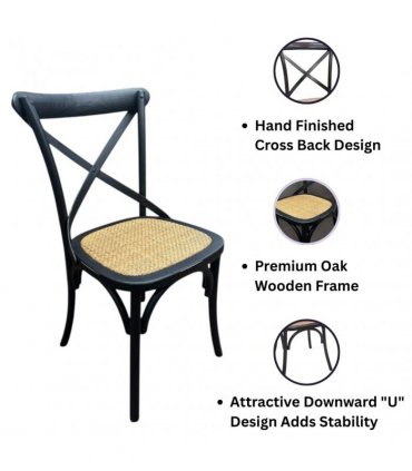Modern & Stylish Hand Finished Cross Back Oak Wooden Cafe Chair - Exclusive Rattan Seat Comfortable Office Furniture Collections for Home, Dining, Cafe, and Office Seating (Black)